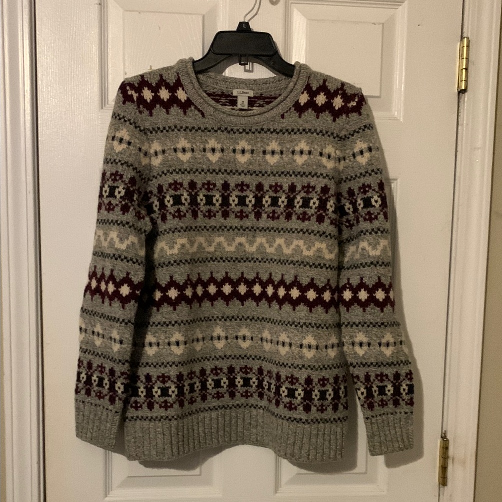 L.L.Bean Patterned Gray And Burgundy Sweater